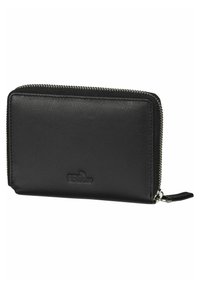 Black leather wallet with a textured finish, metal zipper, and RFID protection logo. Features a slim design for easy portability.
