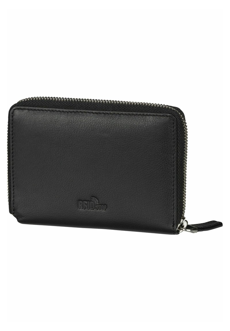 Black leather wallet with a textured finish, metal zipper, and RFID protection logo. Features a slim design for easy portability.