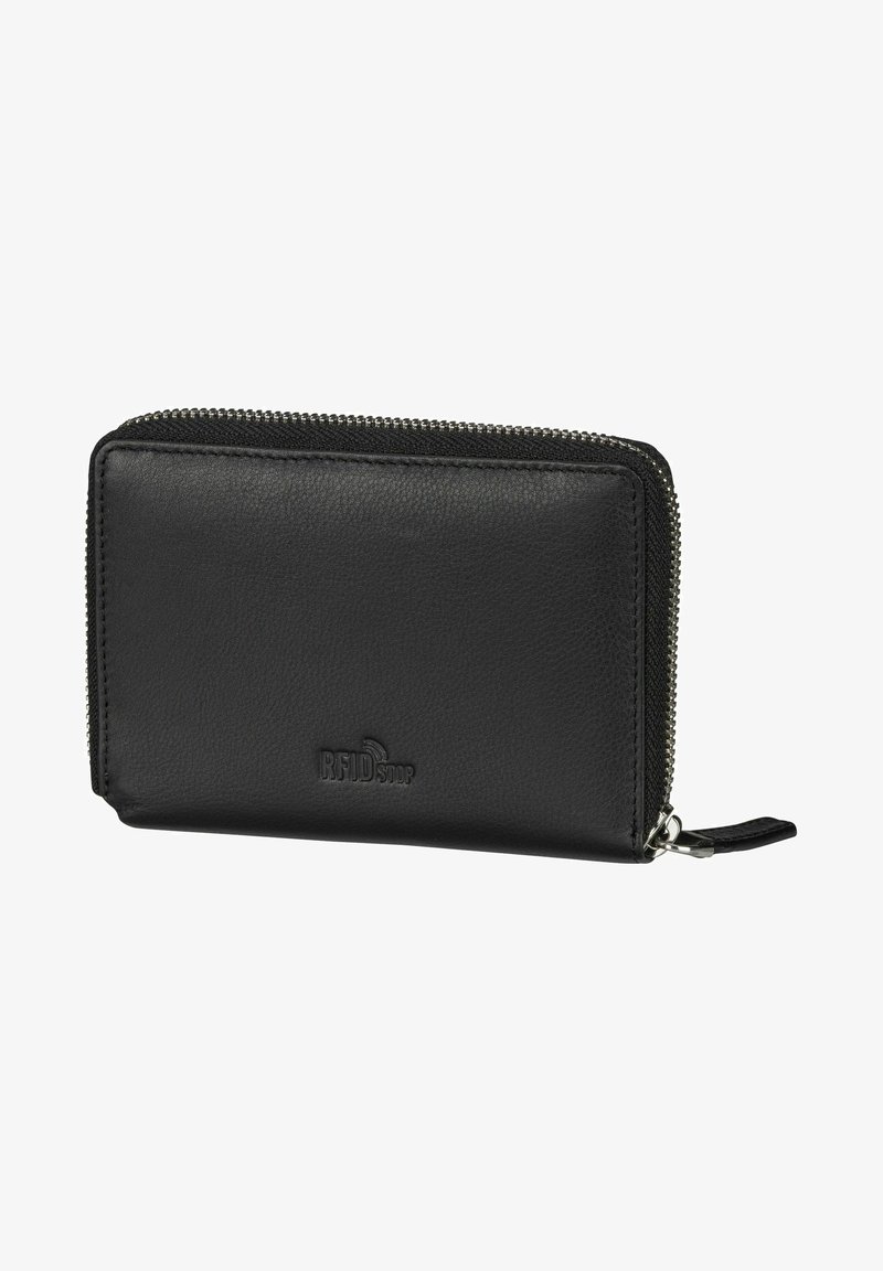 Black leather wallet with a textured finish, metal zipper, and RFID protection logo. Features a slim design for easy portability.