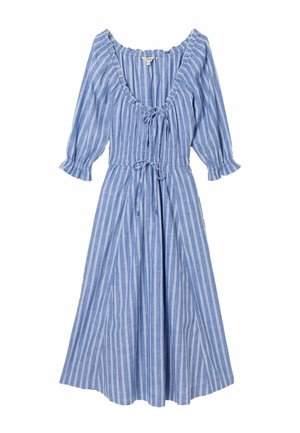 Blau-weiß gestreiftes Midikleid mit 3/4-ärmeligen Puffärmeln, gerafftem eckigem Ausschnitt und Kordelzügen am Ausschnitt und in der Taille.