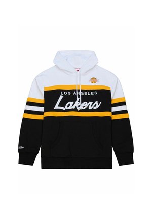 Felpa con cappuccio con logo Los Angeles Lakers, blocchi di colore nero, bianco e giallo, cappuccio con coulisse e tasca a marsupio frontale.