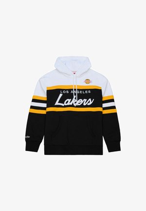 Bluza z kapturem z logo Los Angeles Lakers, czarne, białe i żółte bloki kolorów, kaptur ze sznurkiem i przednia kieszeń kangurka.