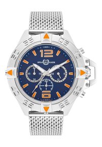 Silberner Edelstahluhren mit einem strukturierten Ziffernblatt in Marineblau, orangefarbenen Akzenten und einem Mesh-Armband. Merkmale große arabische Ziffern und Chronographen-Sub-Ziffernblätter.