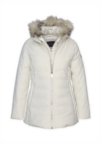 Giacca trapuntata bianca con cappuccio foderato in pelliccia, chiusura con zip e tasche laterali. Texture liscia e trapuntata con una silhouette aderente.