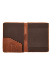 Carpeta de documentos de cuero marrón con un exterior texturizado, que cuenta con un interior de tela oscura, un bolsillo para tarjetas y una gran sección para papeles.