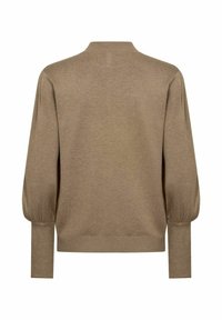 Pull en tricot marron avec un col haut, des poignets côtelés et des épaules bouffantes, présentant un tissu texturé et une coupe décontractée.