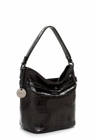 Black faux leather shoulder bag with a textured crocodile pattern, featuring a fold-over top, chain accent, and logo tag.