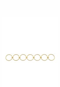 Goldene Metallkette mit verbundenen, kreisförmigen Ringen mit glatter Oberfläche und einheitlicher Größe, die ein minimalistisches und modernes Design schafft.