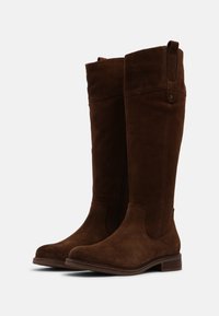 Botas hasta la rodilla de ante marrón con textura suave, cremallera lateral, punteras redondeadas y tacones bajos apilados. Cuenta con una lengüeta para tirar en la parte superior.