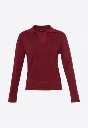 Bordeauxrotner Pullover mit langen Ärmeln und V-Ausschnitt, gerippten Bündchen und Saum, aus weichem Strickmaterial gefertigt. Minimalistisches Design ohne Muster.