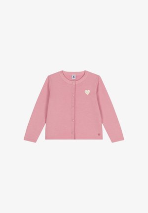 Rosa langärmeliger, geknöpfter Cardigan mit Rundhalsausschnitt und kleinem weißen Herzdetail auf der linken Brust.