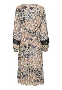 Robe à manches longues avec un imprimé floral et paisley coloré, taille cintrée et accents en dentelle noire sur les manches. Tissu doux et fluide.