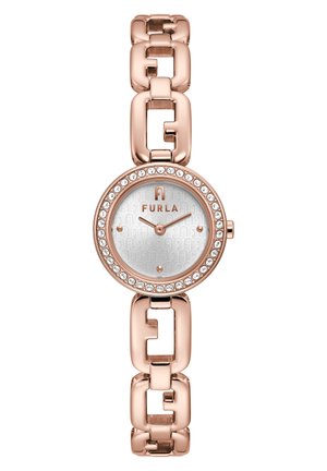 Orologio Furla con bracciale in metallo color oro rosa, cassa rotonda, quadrante argento con motivo, accenti di cristallo e logo al centro.