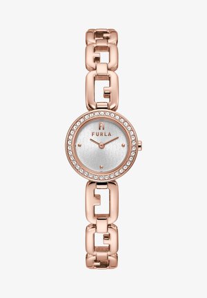 Zegarek Furla z różowo-złotą metalową bransoletą, okrągłą kopertą, srebrną tarczą z wzorem, akcentami kryształowymi oraz logo na środku.