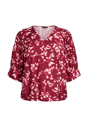 Bordeauxfarbige Bluse mit V-Ausschnitt, die mit weißen und rosafarbenen Blumenmustern, Puffärmeln und einem weichen, strukturierten Stoff gestaltet ist.