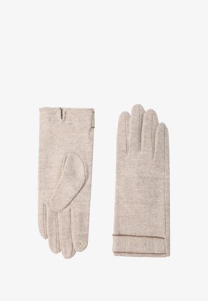 Beige wool gloves with textured fabric. One glove features a unique thumb design. Cuffs have a contrasting trim for added detail.