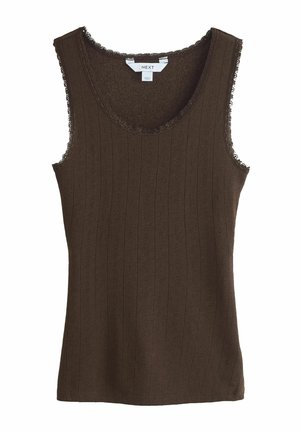 Barna ujjatlan kötött trikó finom, függőleges mintázattal és csipkével díszített nyakkivágással és karöltőkkel.