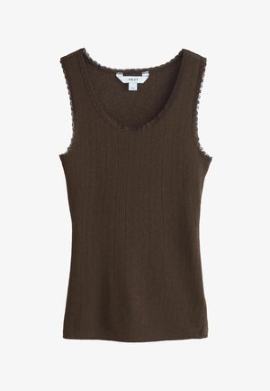 Brun ærmeløs strikket tanktop med subtilt vertikalt mønster og blondekant langs halsudskæring og ærmegab.