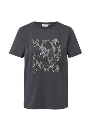 Dunkelgraues kurzärmeliges T-Shirt mit einem pailettenbesetzten geometrischen Muster in Schwarz, Silber und Gold auf der Vorderseite. Weicher Baumwollstoff.