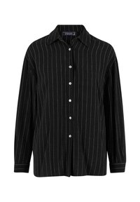 Black long-sleeve shirt featuring white vertical stripes, a button-down front, and a classic collar. Made from a textured fabric.
