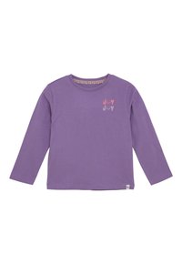 Lila Langarmshirt für Kinder mit "Joy Joy" und Smiley-Gesichtern in Pink und Hellpink auf der oberen linken Seite bedruckt.