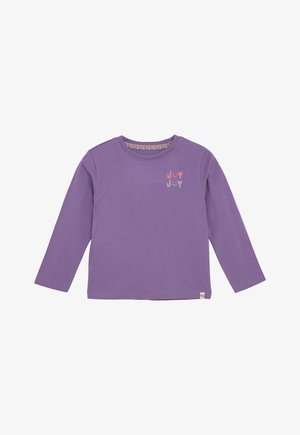 Paarse lange mouw kinder T-shirt met "Joy Joy" en smiley gezichten in roze en lichtroze gedrukt op de bovenlinkerzijde.