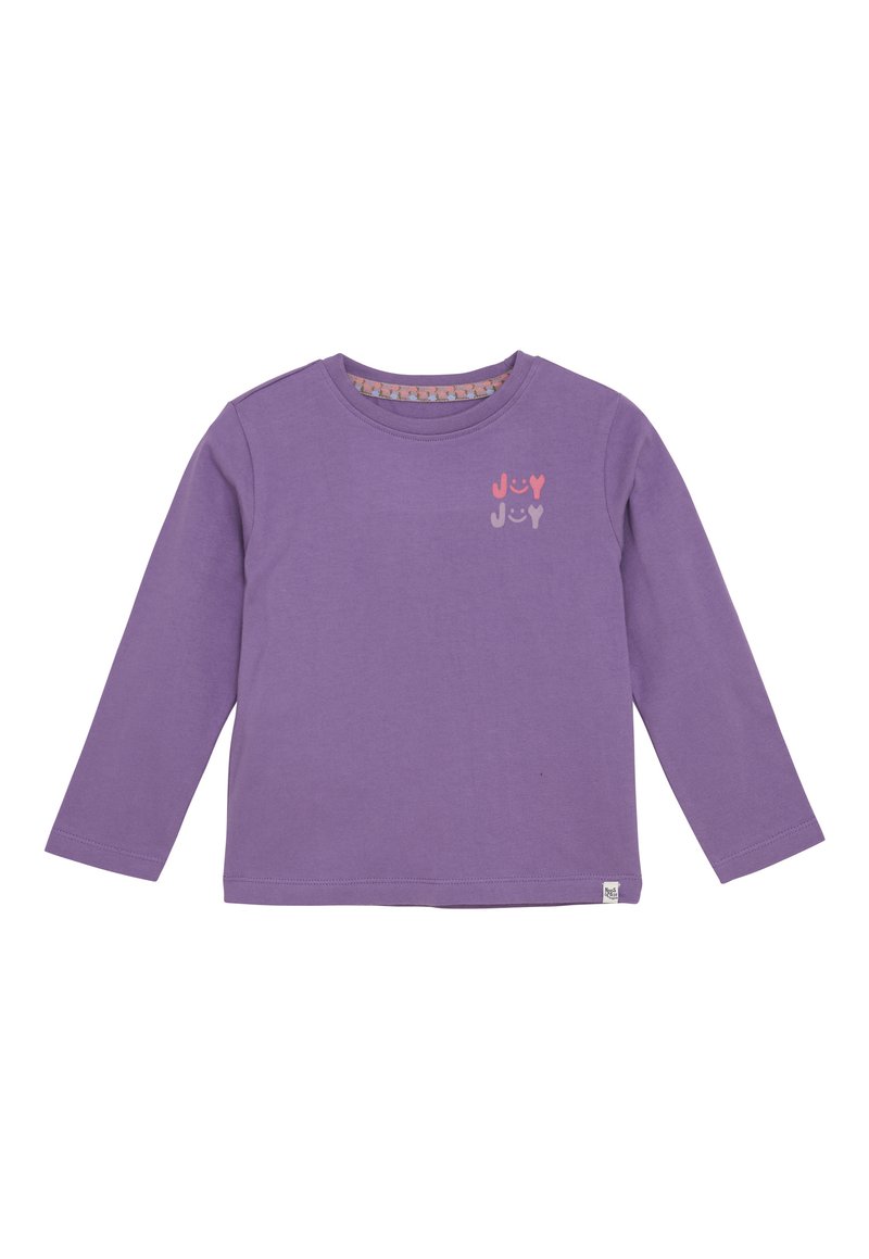 Lila Langarmshirt für Kinder mit "Joy Joy" und Smiley-Gesichtern in Pink und Hellpink auf der oberen linken Seite bedruckt.