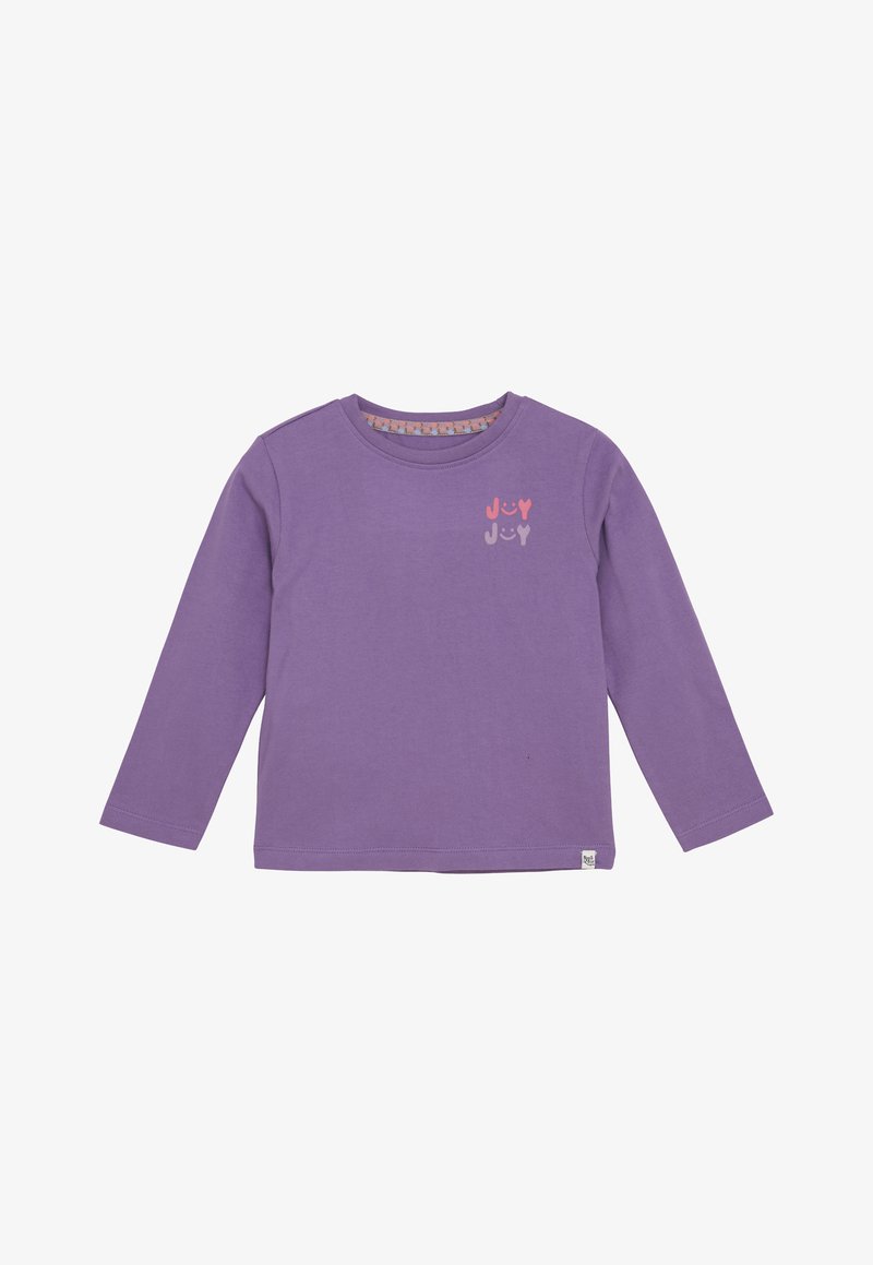Purple long-sleeve children's shirt with "Joy Joy" and smiley faces printed in pink and light pink on the upper left side.