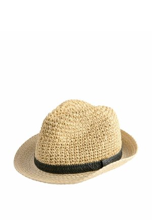Beige woven straw fedora hat with a black braided band around the base of the crown on a white background.