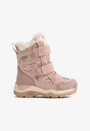 Wasserdichter pinker Stiefel mit Blumenmuster, weichem Futter, zwei Klettverschlüssen und strukturiertem Gummisohlen. Besteht aus Wildleder und Mesh-Materialien.
