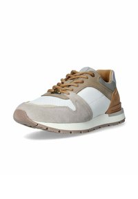 Sneaker bianco e beige con pannelli in suede e mesh, lacci sul davanti, linguetta imbottita e suola in gomma. Presenta dettagli testurizzati e colori a contrasto.
