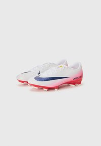 Nike Mercurial soccer cleats featuring a white and pink gradient design, textured surface, and a blue swoosh; equipped with white studs for traction.