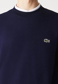 Námořnický modrý svetr s bílým tričkem s kulatým výstřihem, na levé části hrudi s malým zeleným krokodýlem.