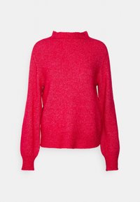 Maglione rosso lavorato a maglia con colletto alto, maniche lunghe e polsini a coste. Finitura texture, design cropped e tessuto morbido.