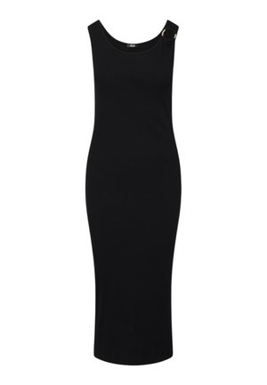 Abito midi nero senza maniche con silhouette aderente e dettaglio decorativo con fibbia ad anello sulla spalla sinistra.