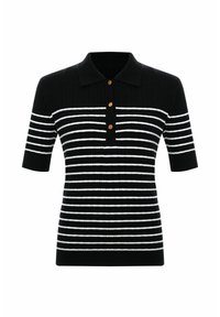 Pull polo noir à manches courtes avec des rayures horizontales blanches, texture côtelée et trois boutons marron au col.