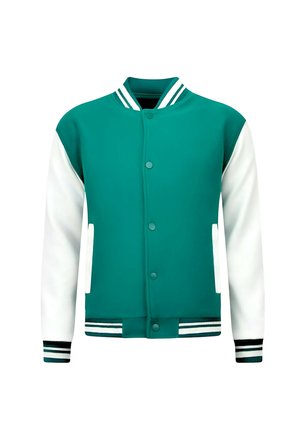 Groen varsityjack met witte mouwen, drukknopen, gestreepte boorden, kraag, tailleband en twee voorzakken.