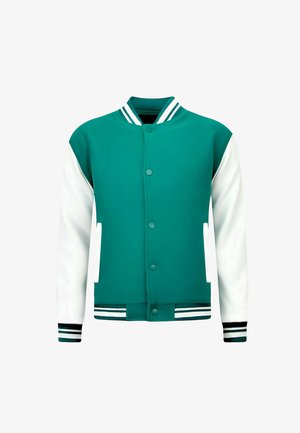 Groen varsityjack met witte mouwen, drukknopen, gestreepte boorden, kraag, tailleband en twee voorzakken.