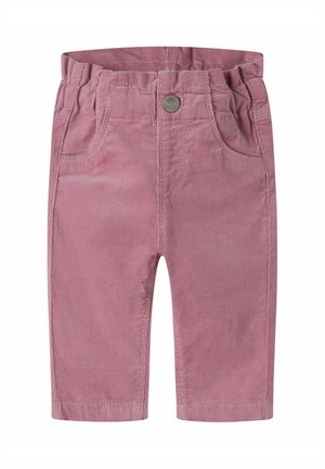 Pantalon en velours côtelé rose pour tout-petit avec taille élastique, poches avant et une fermeture par un seul bouton métallique au centre supérieur.
