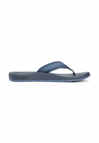 Blå flip-flop sandal med en tekstureret rem, flad sål og ribbet detaljering på siden. Letvægts og afslappet design, velegnet til varmt vejr.