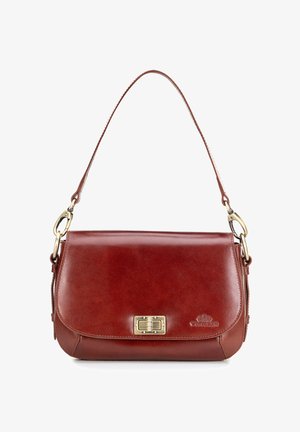 Brown leather shoulder bag with a flap closure, gold hardware, and a smooth texture. Features a long, adjustable leather strap.