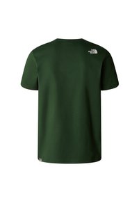 Ciemnozielona koszulka T-shirt z krótkim rękawem, z białym logo The North Face na górnej prawej części pleców.