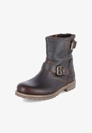 Dunkelbrauner Lederstiefel bis zur Mitte der Wade mit Fellfutter, zwei verstellbaren Metallriemen mit Schnallen und einer robusten Profilsohle.