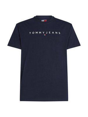 Marineblauwe katoenen T-shirt met korte mouwen en een ronde halslijn. Voorzien van het "TOMMY JEANS" logo in witte letters over de borst.