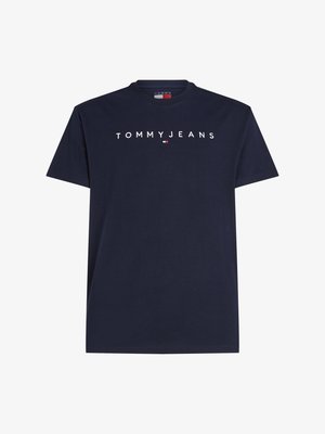Navy blue cotton t-shirt with short sleeves and a round neckline. Features "TOMMY JEANS" logo in white letters across the chest.