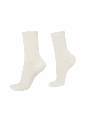 Calzini bianchi a coste, realizzati in un materiale morbido e liscio, con una vestibilità standard e rinforzi nella zona del tallone e delle punte.