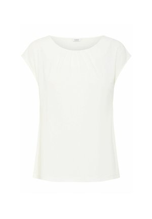 Valge lühikeste varrukatega pluus ümmarguse kaelusega ja peente voldikutega ees. Sile kangas ja mugav lõige, sirge alläär.