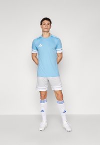 Light blue jersey with white accents, gray shorts, and white socks featuring blue stripes. Adidas logos on the shirt and socks.