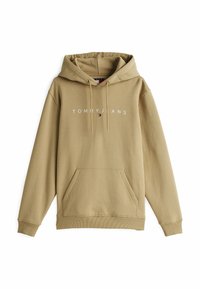 Beżowa bluza z kapturem wykonana z mieszanki bawełny, z kieszenią kangurką, kapturem ze sznurkiem oraz białym nadrukiem logo "TOMMY JEANS" na klatce piersiowej.