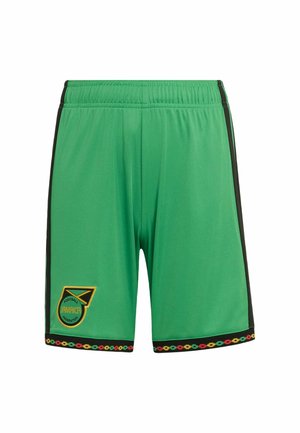Green athletic shorts with black side stripes, Jamaica Football Federation logo on left leg, and multicolor pattern trim at bottom hems.